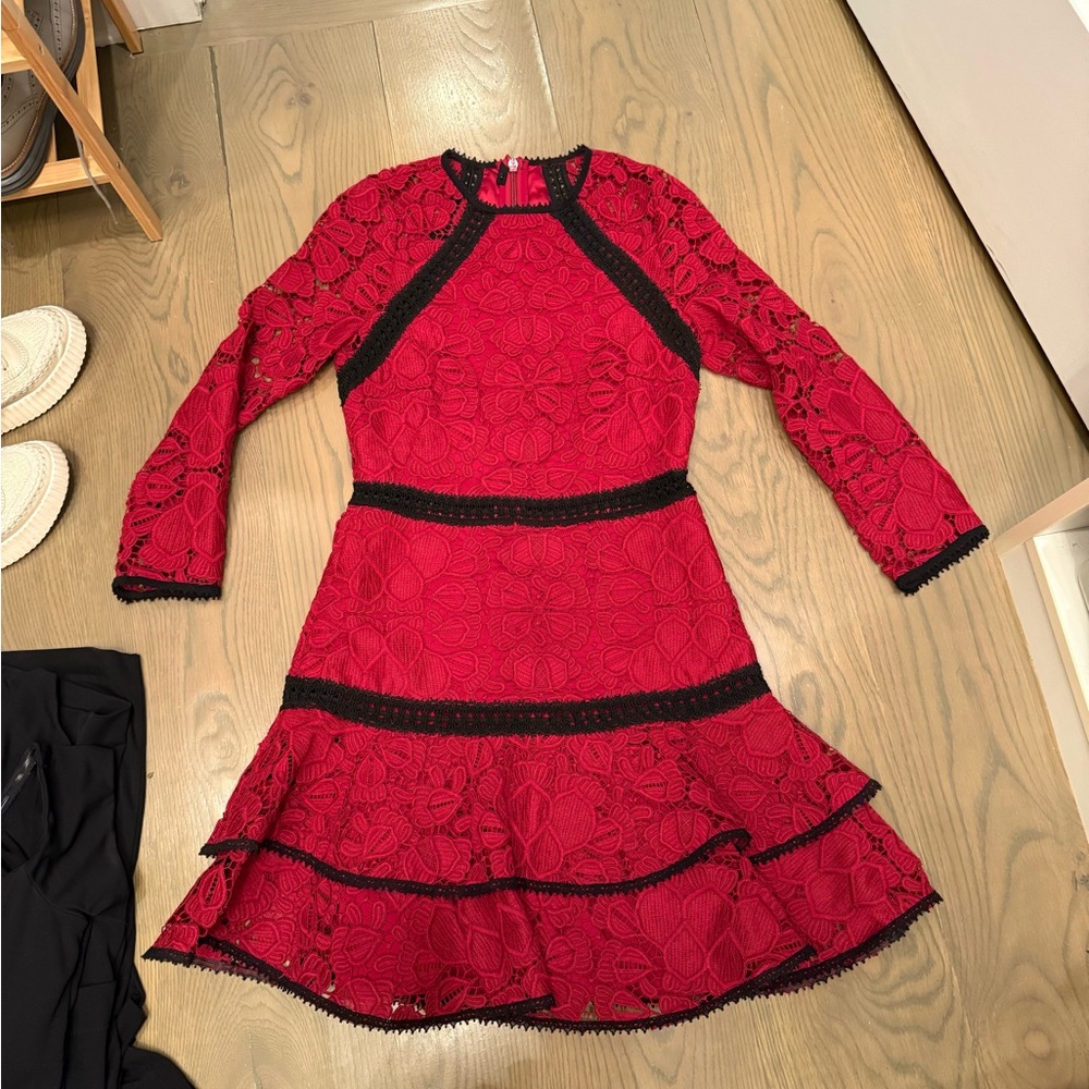 Alexie Red Lace Dress with Black Trim